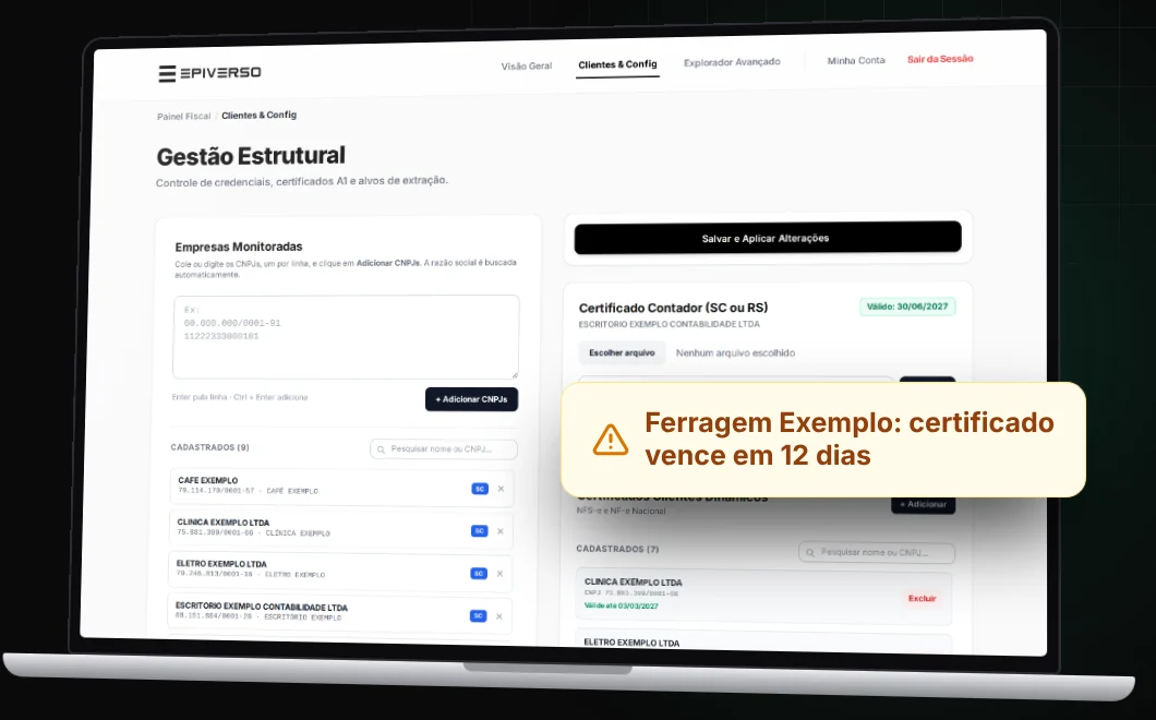 Notebook com a tela de clientes e certificados e um aviso de certificado que vence em 12 dias