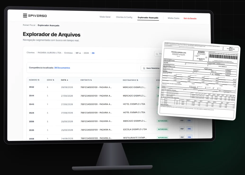 Monitor com o Explorador de Arquivos listando notas de um cliente e um DANFE aberto ao lado